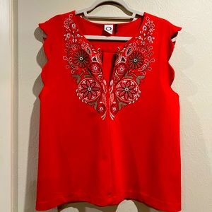 Anthropologie sleeveless embroidered beaded red top. Size M. Excellent cond.